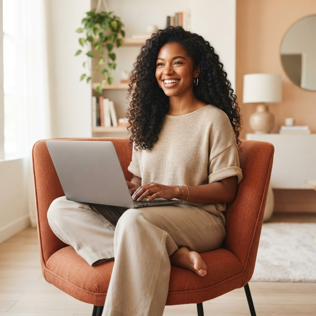 Young Black creator building her newsletter on a laptop
